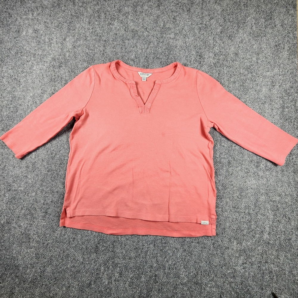 Orvis Classic Collection Coral Pink 100% Pima Cotton 3/4 Sleeve Split Neck Top S